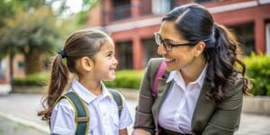 Madre ayudando a su hija a alistar el uniforme escolar en Perú